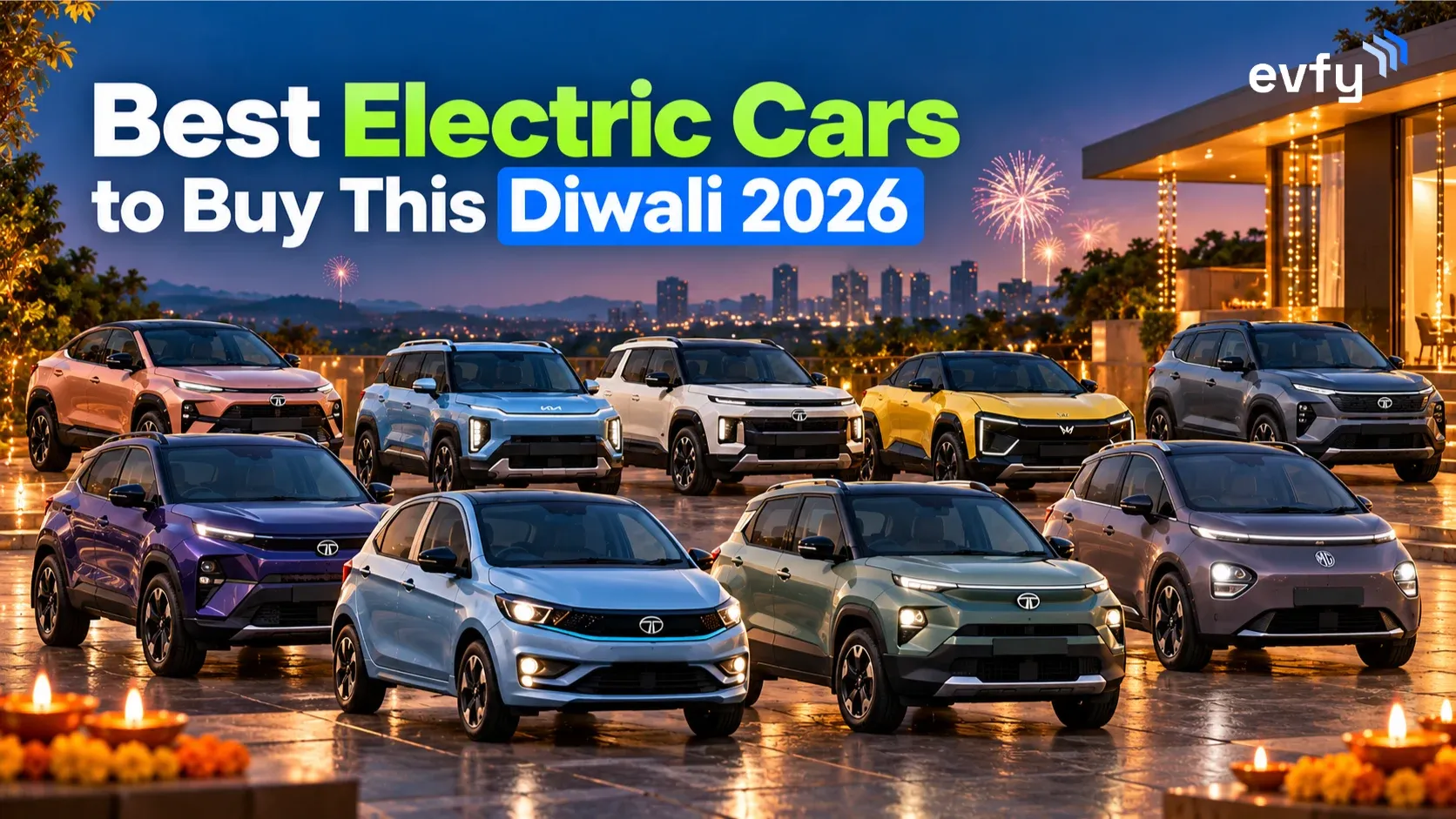 A row of ten popular electric cars in India, from the Tata Tiago EV to the Tata Harrier EV, decorated for Diwali 2026